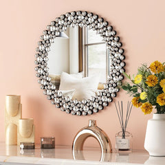 Modern Round Wall Mirror, Crystal Accent Decorative Mirror for Living Room, Bedroom and Entryway