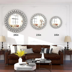 Modern Round Wall Mirror, Crystal Accent Decorative Mirror for Living Room, Bedroom and Entryway
