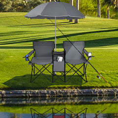 Double Folding Picnic Chairs with Umbrella – Mini Table & Beverage Holder Included