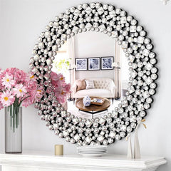 Modern Round Wall Mirror, Crystal Accent Decorative Mirror for Living Room, Bedroom and Entryway