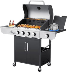 4-Burner Propane Gas Grill with Cast Iron Grates, Side Stove and 44,000 BTU Stainless Steel Burners