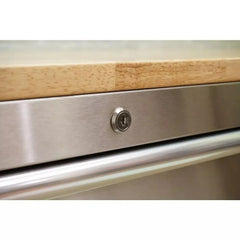 72-Inch 18-Drawer Mobile Workbench, 24-Inch Deep, with Solid Wood Top and Stainless Steel Finish