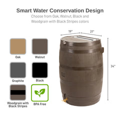 50 Gallon Rain Barrel with Brass Spigot, Walnut Rainwater Collection Barrel for Garden and Outdoor Use