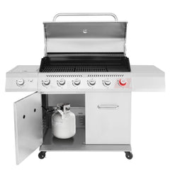 Stainless Steel 6-Burner Gas Grill – 74,000 BTU with Sear & Side Burner, Cabinet Style