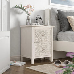 Farmhouse Fully Assembled Nightstand with 2 Drawers, Flower Motif End Table for Small Spaces