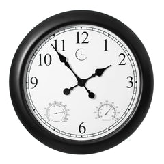 Large Outdoor Wall Clock with Thermometer, Waterproof Silent Garden Weather Station, Black