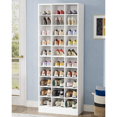 10-Tier Tall Shoe Cabinet, 30-Pair White Wood Shoe Storage Rack for Entryway and Closet