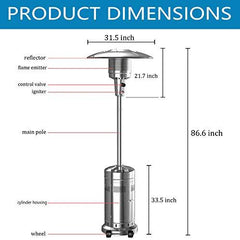 2-Pack 48,000 BTU Propane Patio Heaters with Wheels, Stainless Steel, Silver