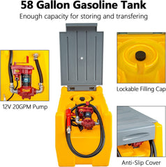 58-Gallon Portable Gasoline Fuel Tank with 12V Electric Transfer Pump, 40 GPM, 4-Meter Hose, Yellow