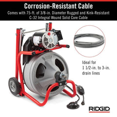 120V Drum Drain Cleaning Snake Auger with 3/8-In. x 75-Ft. Cable, 4-Piece Tool Set and Gloves