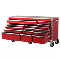 72-Inch W x 24-Inch D 15-Drawer Heavy-Duty Tool Chest Mobile Workbench, Stainless Steel Top, Dual Locks, Red