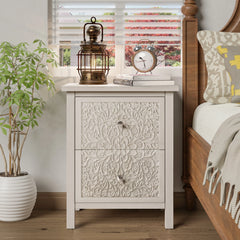 Farmhouse Fully Assembled Nightstand with 2 Drawers, Flower Motif End Table for Small Spaces