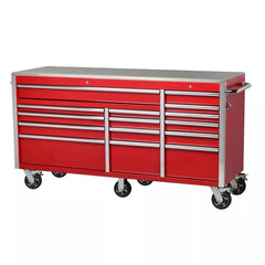 72-Inch W x 24-Inch D 15-Drawer Heavy-Duty Tool Chest Mobile Workbench, Stainless Steel Top, Dual Locks, Red