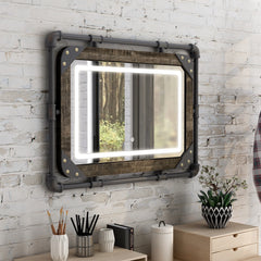 Industrial Metal Wall Mirror with LED Lights, Modern Decorative Mirror for Home