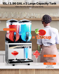 15L x 2 Double-Tank Commercial Slushy Machine, Stainless Steel, Frozen Drink Machine