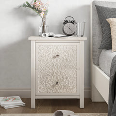 Farmhouse Fully Assembled Nightstand with 2 Drawers, Flower Motif End Table for Small Spaces