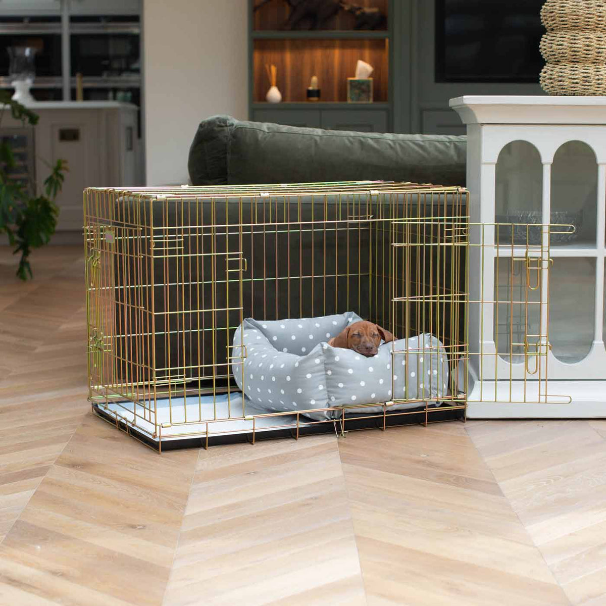 Cozy & Calming Puppy Cage Bed in Spots & Stripes – Grey Spot, Without Personalization pour les activités extérieures
