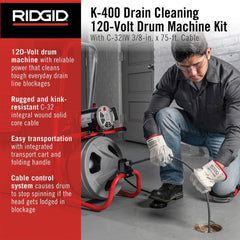 120V Drum Drain Cleaning Snake Auger with 3/8-In. x 75-Ft. Cable, 4-Piece Tool Set and Gloves