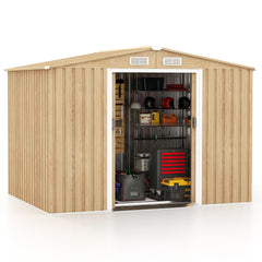 8' x 6' Metal Storage Shed – Woodgrain Outdoor Tool House with Base Floor & 4 Vents