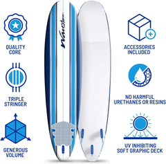 8ft Soft Top Foam Surfboard – EPS Core with 3 Stringers, Wax-Free Longboard, 200lb Capacity