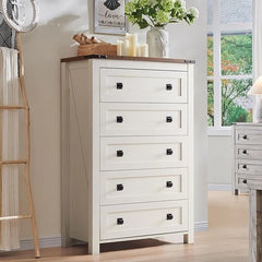 48 Inch Tall Farmhouse Wood Dresser, 5 Drawer Chest of Drawers for Bedroom