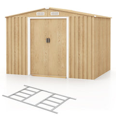 8' x 6' Metal Storage Shed – Woodgrain Outdoor Tool House with Base Floor & 4 Vents