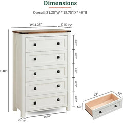 48 Inch Tall Farmhouse Wood Dresser, 5 Drawer Chest of Drawers for Bedroom