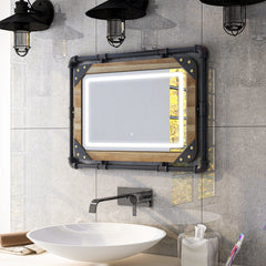 Industrial Metal Wall Mirror with LED Lights, Modern Decorative Mirror for Home