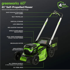 60V 21-Inch Cordless Self-Propelled Lawn Mower with 2 x 4.0Ah Batteries and Dual-Port Rapid Charger